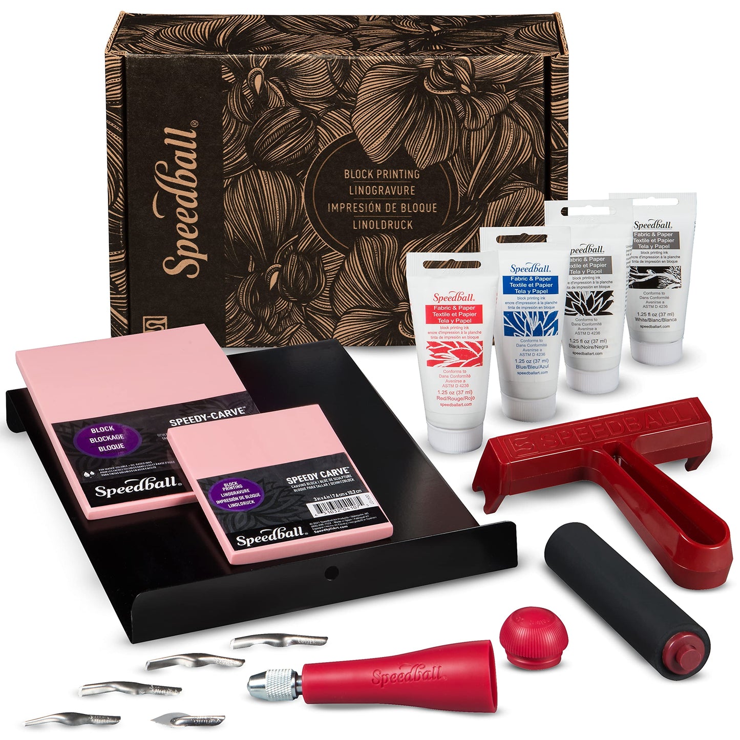 Speedball Block Printing Fabric Deluxe Kit, 14 Pieces, Includes Inks, Brayer, Bench Hook, Lino Handle and Cutters, Speedy-Carve Relief Blocks