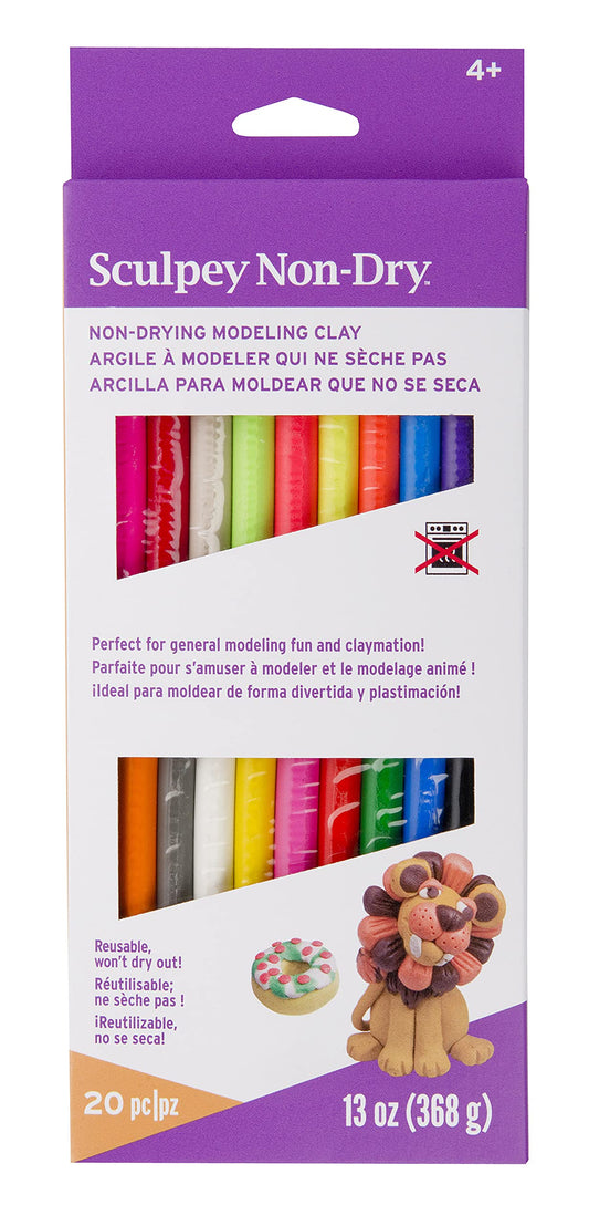 Sculpey Non-Dry Reuasble, non drying clay; 20 assorted colors, 13 oz of clay, variety pack. Great for claymation and general modeling. Ages 4 and up